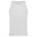 A white men's active sports top with a sleeveless design, featuring a logo.