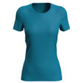 A women's active sports T-shirt in a teal colour, featuring a fitted design and short sleeves. It has a logo.