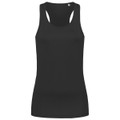 A black women's active sports top with a racerback design and a brand logo. Suitable for various sporting activities.