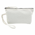 A cosmetic bag in white canvas with a black zipper and a detachable wrist strap. It features a logo on one side.