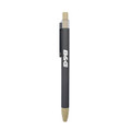 Abele Bamboo Click Pen featuring a grey barrel and bamboo accents, with a logo on the side.
