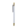 A white pen with a bamboo tip and clip, featuring a sleek design and a logo.