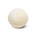 A bath bomb in a spherical shape, featuring a pale yellow hue with a smooth texture. It has a simple design.