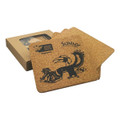 A square set of four cork coasters featuring a bird design, packaged in a brown box.