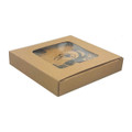 A square box containing a set of four cork coasters with a design and a branding logo, featuring natural tones.