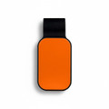 An orange and black car visor sunglass holder with a smooth, rounded design. It features a logo.