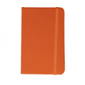An orange notebook with a textured cover and a matching elastic band. It features branding on the front.
