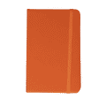 An orange notebook with a textured cover and a matching elastic band. It features branding on the front.