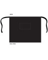 A black short waist apron with ties and a pocket, measuring 84cm x 69cm, featuring a logo.