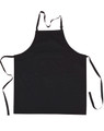 A black bib apron with a front pocket and adjustable neck straps, featuring long waist ties.