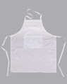 A white bib apron with a pocket and adjustable ties, featuring a logo on the front.