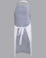 A bib apron featuring a grey top and white lower section, with an adjustable neck strap and a tied waist.