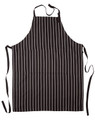 A black and white striped butcher's apron featuring a front pocket and adjustable ties.