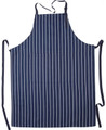 A navy and white striped apron with a front pocket and long ties for adjustment. Features a logo.