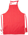 A red and white striped butcher's apron with ties and pockets. It features a logo on the fabric.