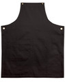 A black canvas bib apron featuring a front pocket and gold-toned buttons. It has a simple, classic design.