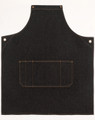 A dark denim bib apron featuring a front pocket and metal eyelets. It has a simple, durable design suitable for work.