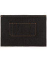 Denim half apron in dark blue with an orange-stitched pocket and a button closure. Features a logo on one side.
