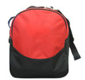 A red and black duffle bag with a zipper and adjustable strap, featuring a logo on the front.