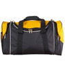 A black and yellow duffle bag with two handles and a zippered compartment, featuring a logo on the side.