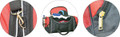 A black and red duffle bag with a zipper, inside are clothes and a drink bottle. The bag features a logo.