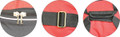 A red and black duffle bag featuring zippers, adjustable straps, and a branded logo.