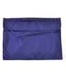 A navy blue satchel with a flap closure, featuring a textured fabric and a stitched seam. The product includes a branding logo.