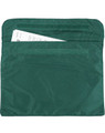 A green satchel with two pockets, featuring a velcro closure and documents inside. It has a simple, minimalist design.