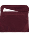 A burgundy satchel with a top opening and a rear pocket, designed for holding documents and files.