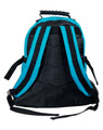 A black and teal backpack featuring adjustable straps and a top handle, with a logo on the back.