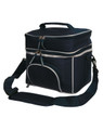 A navy blue travel cooler bag with a zippered top, adjustable shoulder strap, and front pocket. It features a logo.