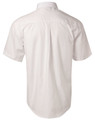 A white men's poplin short sleeve business shirt with a classic back design and a logo.