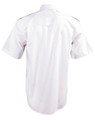 A white short sleeve button-up shirt with epaulettes and a smooth fabric texture, featuring a logo.