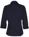 A navy women's button-up shirt with 3/4 sleeves and a collared neckline, featuring a logo.