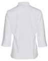 A white women's button-up shirt with 3/4 sleeves, featuring a back view and a simple design.