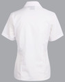 A white short sleeve button-up shirt with a fitted design and a collar, featuring a logo.