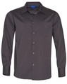 Men's long sleeve button-up shirt in dark grey with a chest pocket and a logo on the collar.