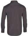 A dark grey long sleeve button-up shirt with a back yoke and cuffed sleeves, featuring a logo.