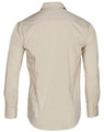A beige long sleeve button-up shirt with a classic collar and cuffs, featuring a logo on the back.