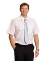 Men's short sleeve button-up shirt in light pink with a white pocket, paired with a blue striped tie and black trousers.