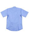 A light blue men's short sleeve button-up shirt with a back yoke and logo. Features a smooth, polished fabric.