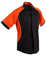 A black button-up shirt with orange contrast sleeves and white piping. It features a logo on the chest.
