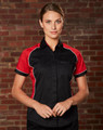A women's button-up shirt in black with red contrast and white piping, featuring a logo on the chest.