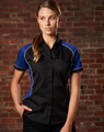 A women's button-up shirt featuring a black base with blue contrast panels and white piping, displaying a logo.