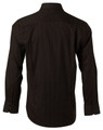 A black long sleeve button-up shirt with thin white stripes and a collar, featuring a logo on the back.