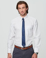 A white striped button-up shirt with long sleeves, featuring a chest pocket and paired with a blue tie.