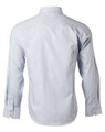 A long-sleeve, button-up shirt in light blue with vertical stripes and a collar, featuring a logo on the back.