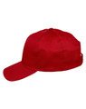 A red polycotton twill cap with a curved peak and a logo on the side.
