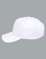 A white polycotton twill cap with a curved brim and an adjustable strap at the back, featuring a logo.