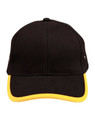 A blue cap with a yellow trim and eyelets, featuring a curved peak and an adjustable strap at the back.
